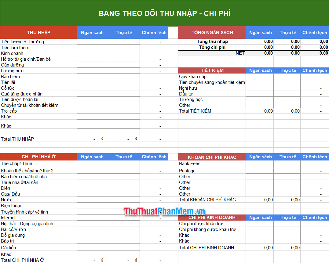 Demo mẫu kế hoạch chi tiêu gia đình bằng Excel 5