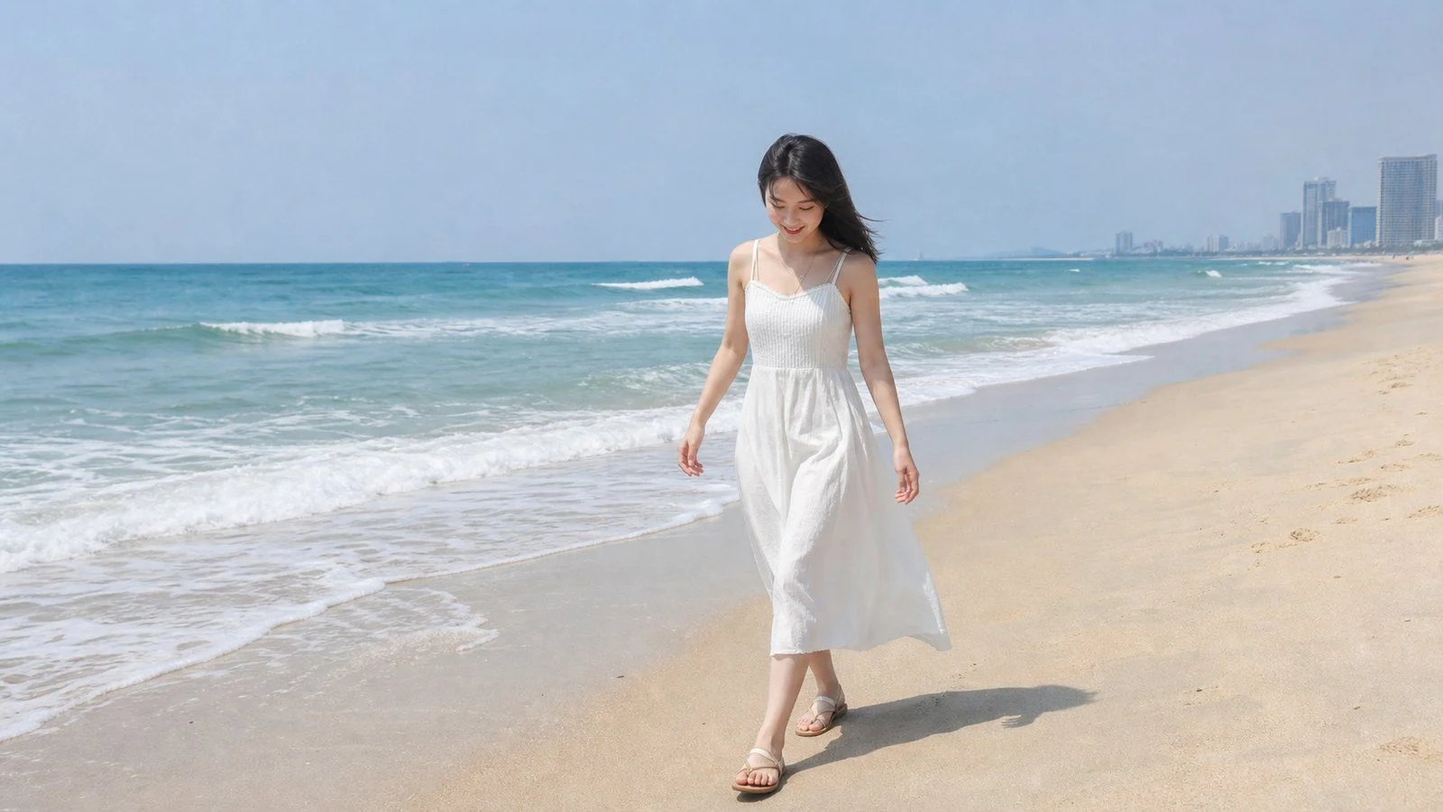 Đầm hai dây tối giản đi cùng sandal cho ngày ở Đà Nẵng