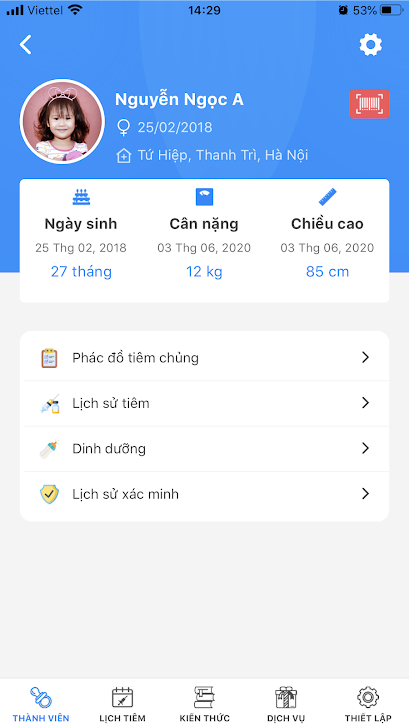 Giao diện ứng dụng Sổ tiêm chủng gia đình