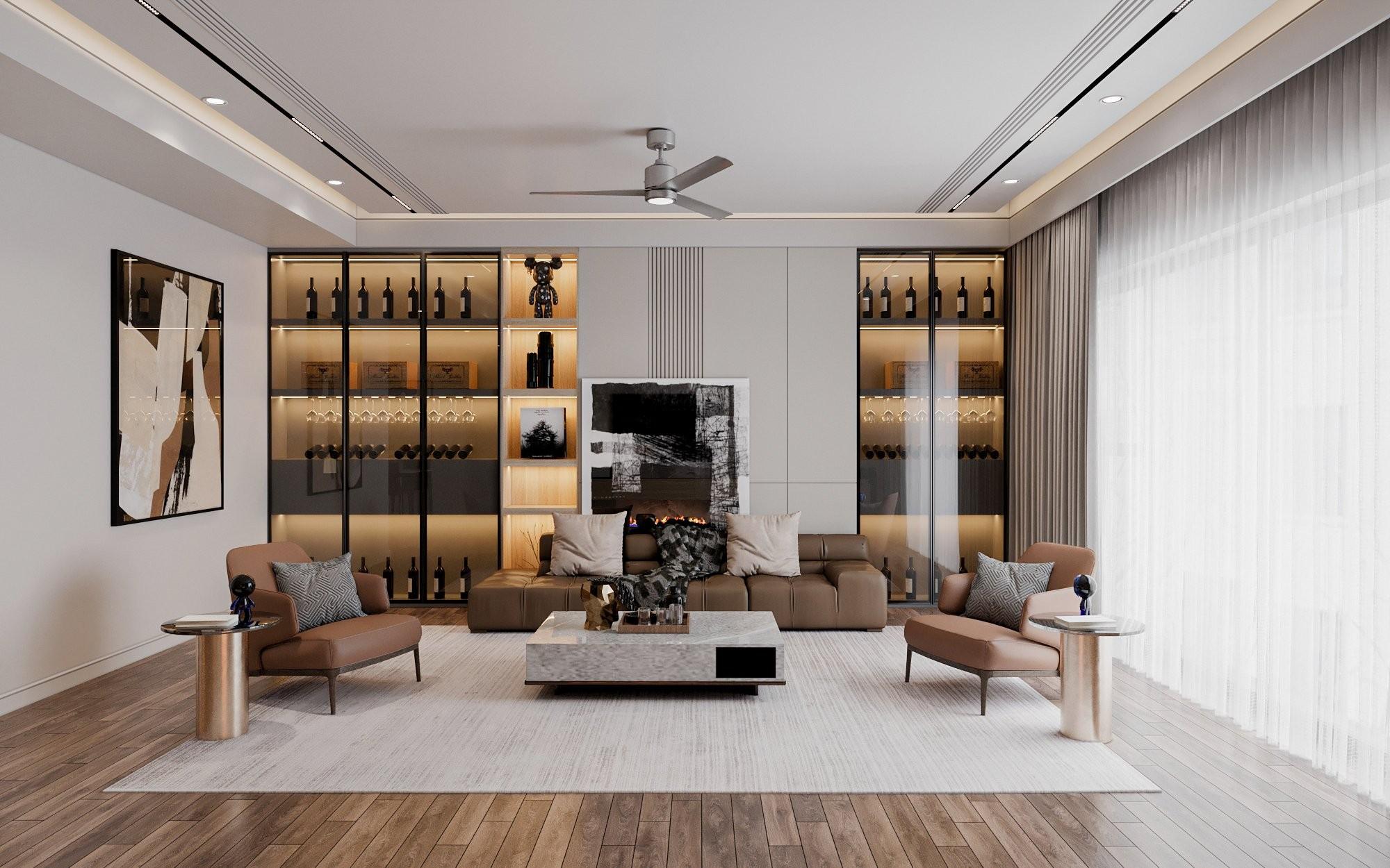 Decor phòng khách chung cư bằng hệ tủ âm tường cánh kính (nguồn: sưu tầm)