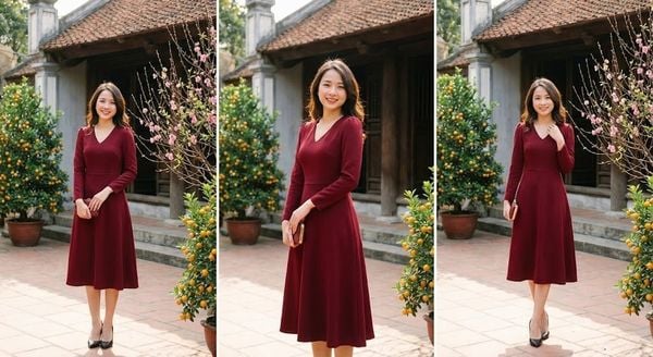 Đầm đỏ rượu dáng midi may mắn