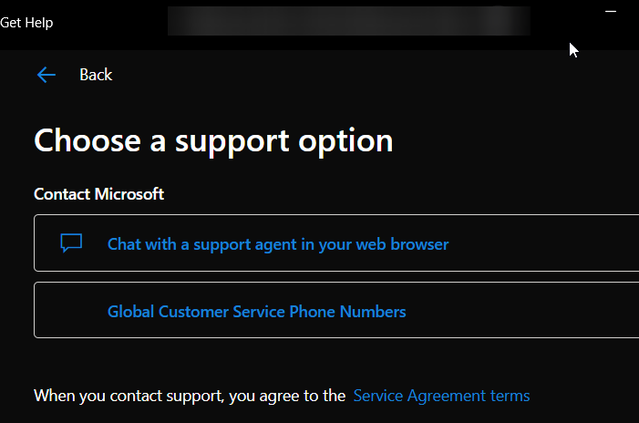 Màn hình chọn tùy chọn liên hệ Microsoft