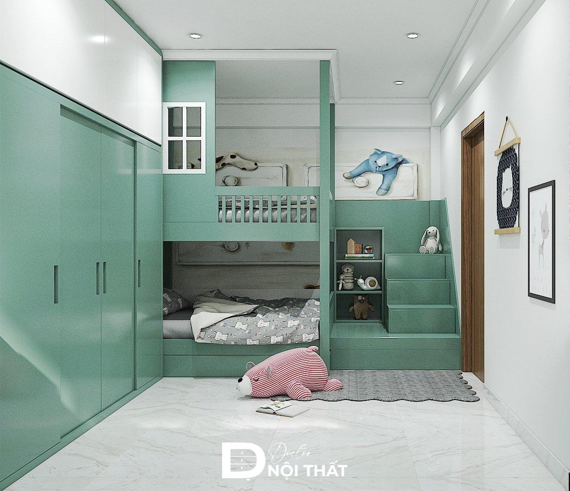 Mẫu thiết kế phòng ngủ cho 2 bé trai tông màu xanh