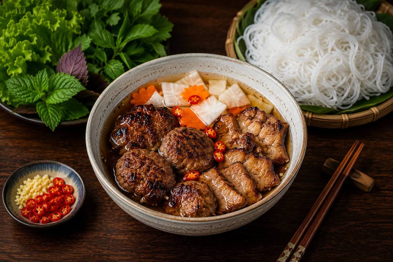 Bún chả Hà Nội với thịt nướng thơm, bún tươi và nước chấm
