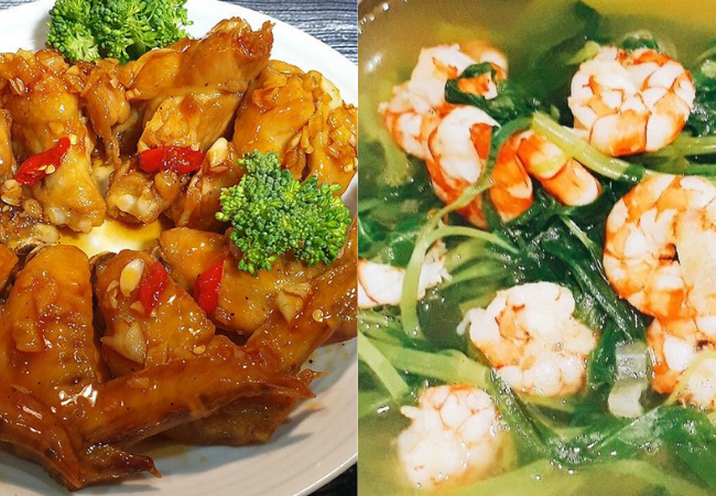Thịt gà xào chua ngọt và canh chua tôm
