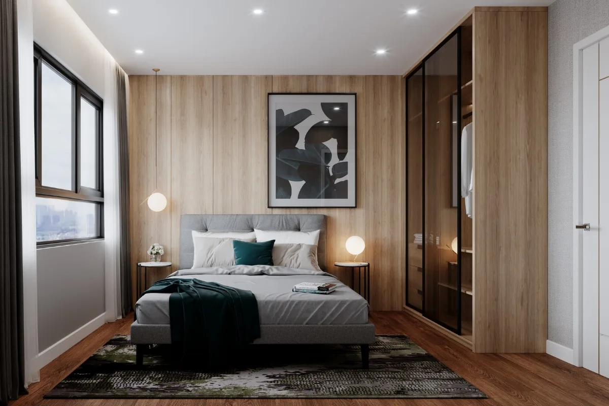 Giường ngủ đặt trong phòng ngủ tông trung tính với nội thất gỗ