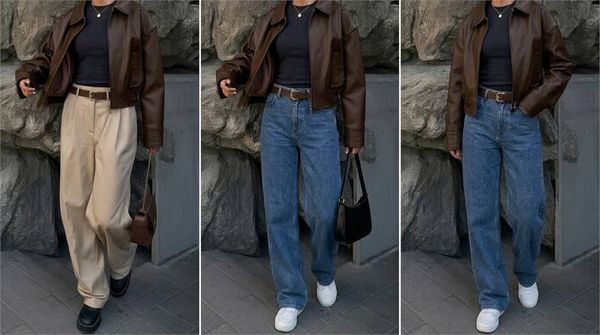 Áo khoác da nữ + áo thun trơn + quần jeans