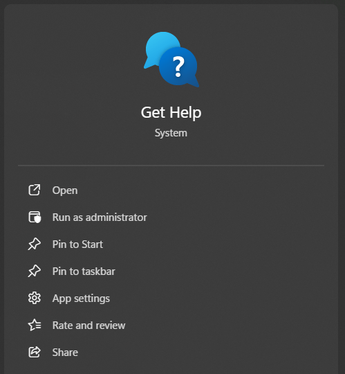 Menu ngữ cảnh của ứng dụng hệ thống Get Help