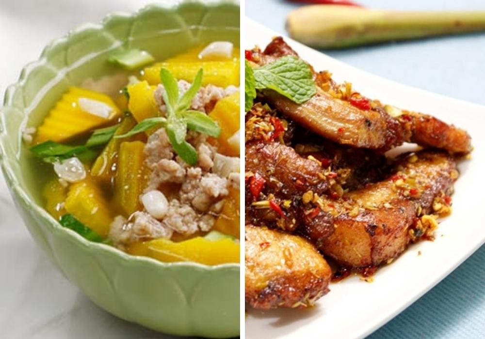 Canh bí đỏ thịt băm và thịt ba rọi muối sả chiên
