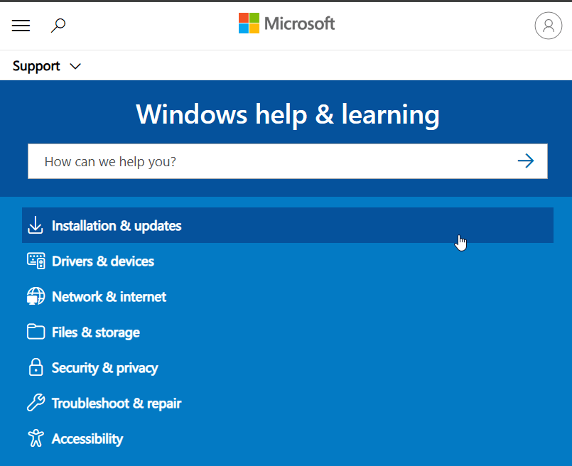 Giao diện trang hỗ trợ và học tập của Windows