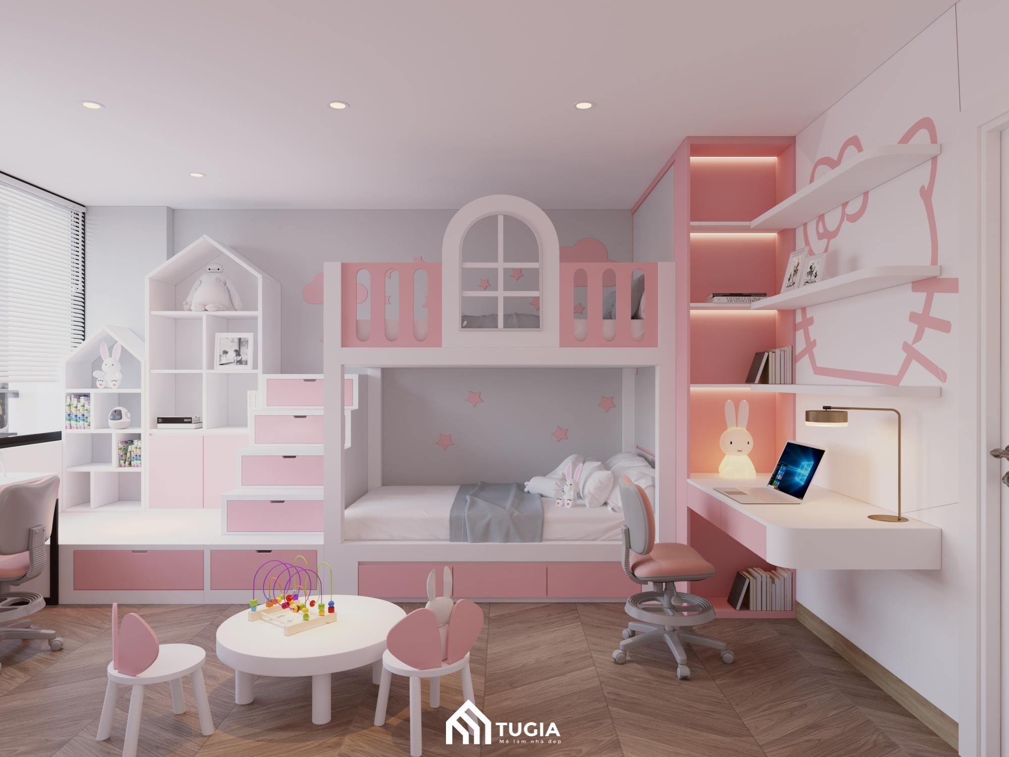 Nội thất Tứ Gia thiết kế phòng ngủ cho 2 bé gái với góc học tập và vui chơi dễ thương