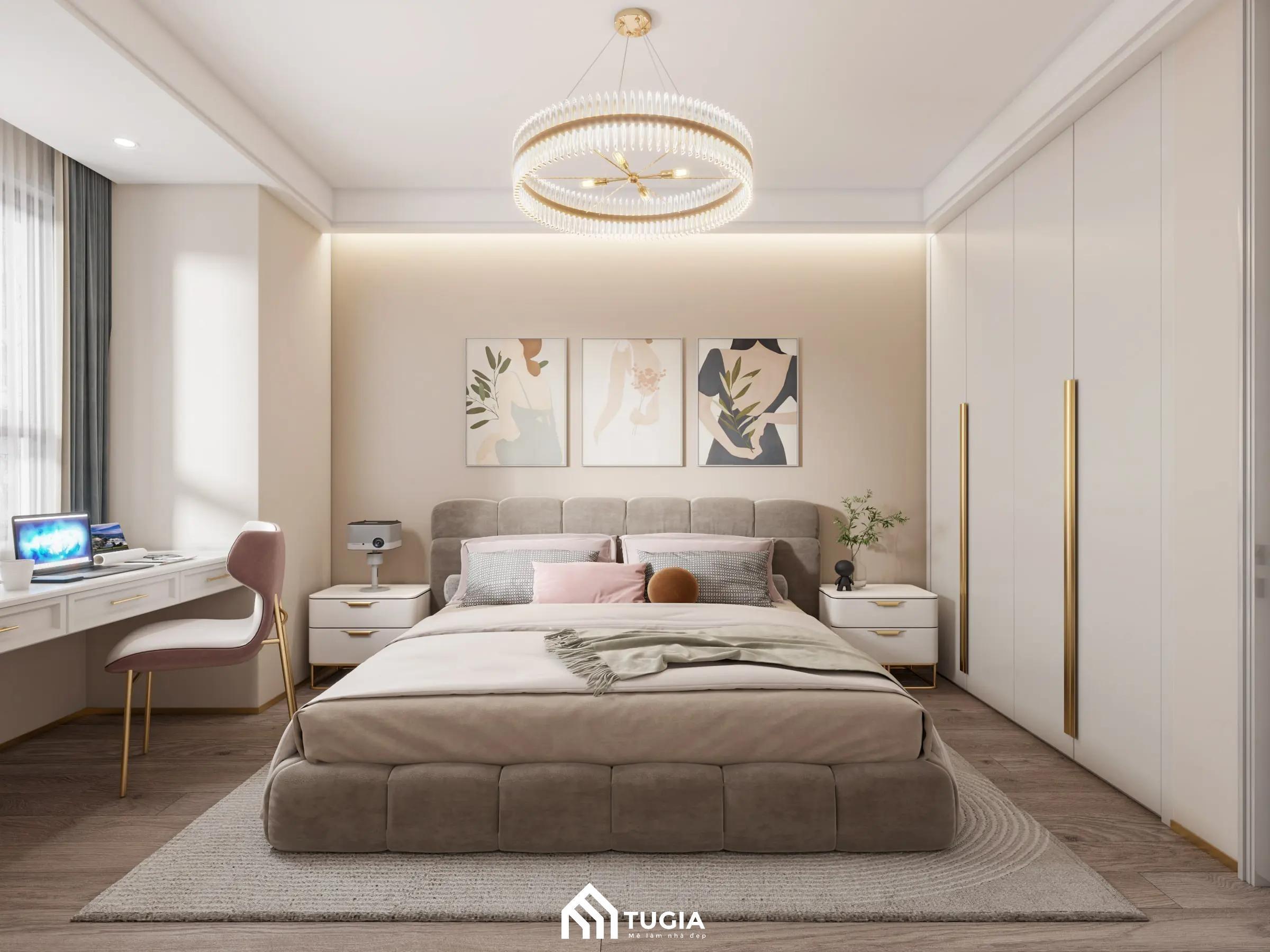 Trang trí phòng ngủ nhỏ cho nữ với phụ kiện trang trí như đèn trùm và tranh treo tường