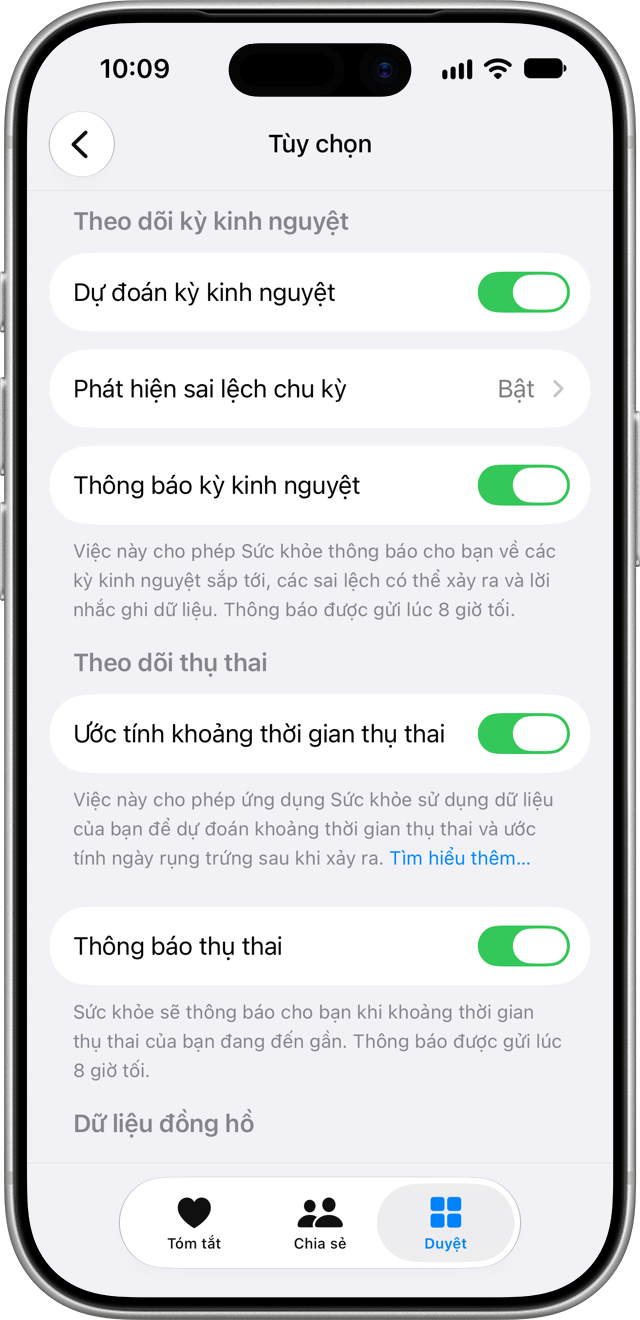 Tùy chọn dự đoán chu kỳ kinh nguyệt và thông báo thụ thai trên ứng dụng di động