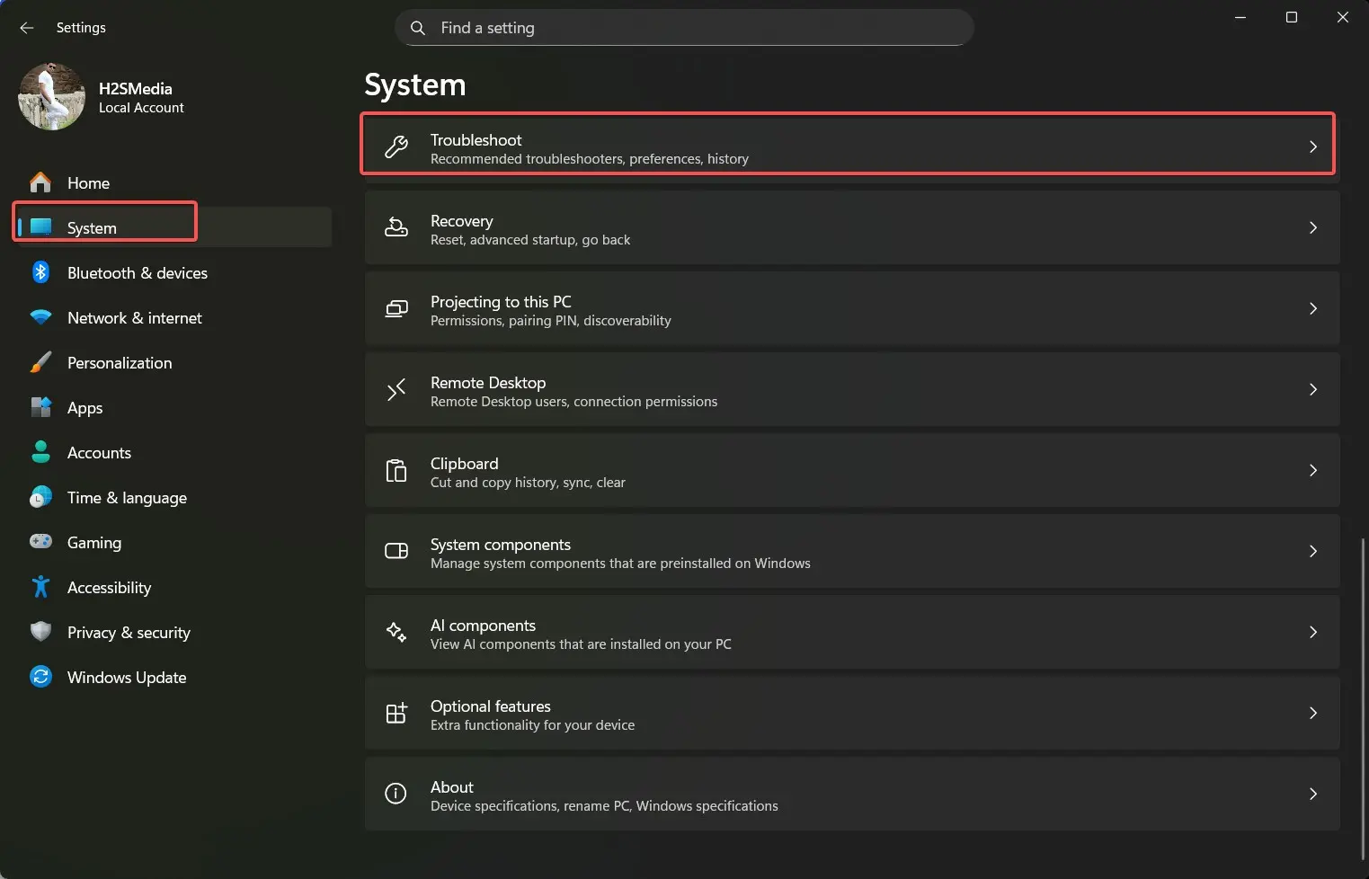 Settings of Windows 11 option to run Troubleshooting