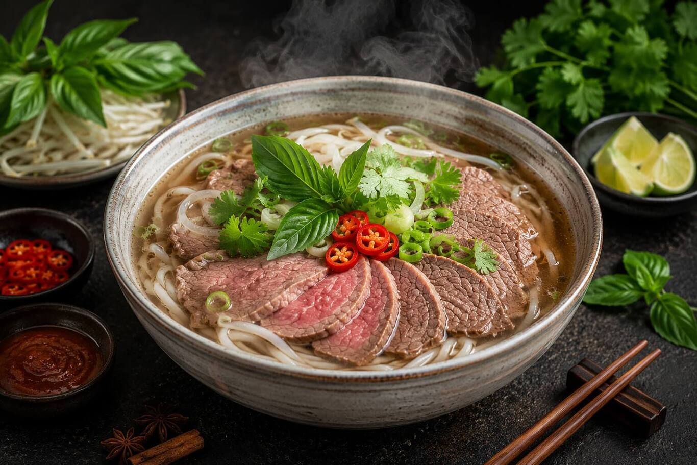Một tô phở Việt Nam nóng hổi với rau thơm, chanh và giá đỗ trên phố Hà Nội