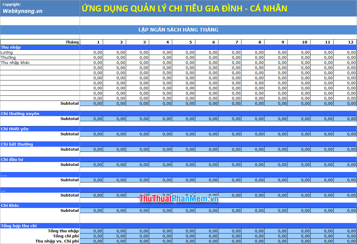 Demo mẫu kế hoạch chi tiêu gia đình bằng Excel 3