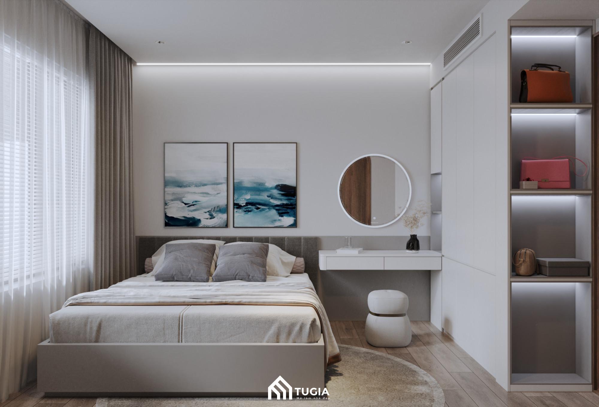 Thiết kế phòng ngủ nhỏ đẹp cho nữ với tranh treo tường hình sóng biển