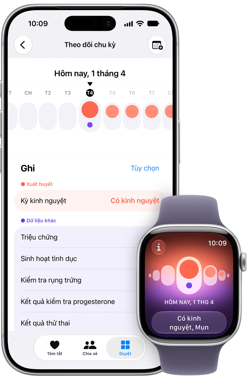 iPhone và Apple Watch hiển thị chu kỳ kinh nguyệt được ghi nhận chi tiết