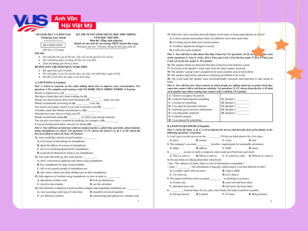 Đề thi tiếng Anh chuyên vào 10