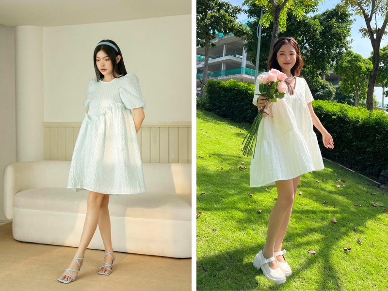 Đầm babydoll phối giày cao gót hoặc giày sneaker