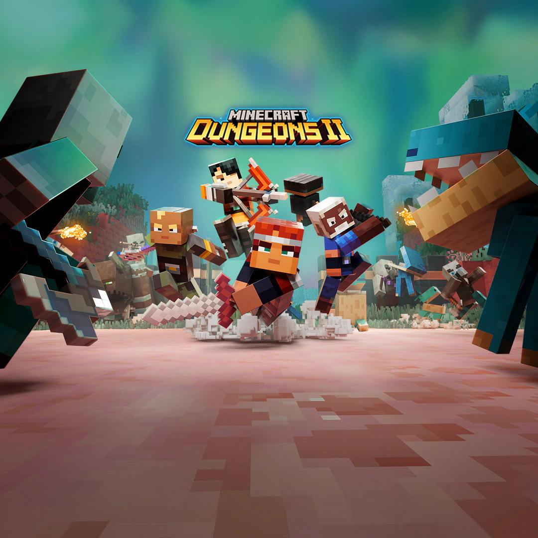Minecraft characters battle hostile mobs as a hero charges forward with a sword.