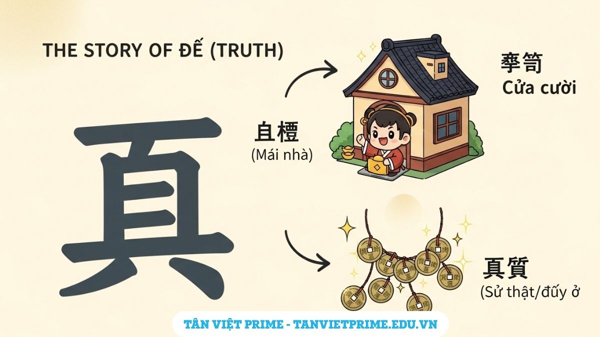 Sơ đồ chiết tự chữ Thực (/) trong tiếng Hán, mô tả cấu tạo từ bộ Miên ( - mái nhà) và Quán ( - xâu tiền) để giải thích ý nghĩa gốc là "sung túc", "có thật".