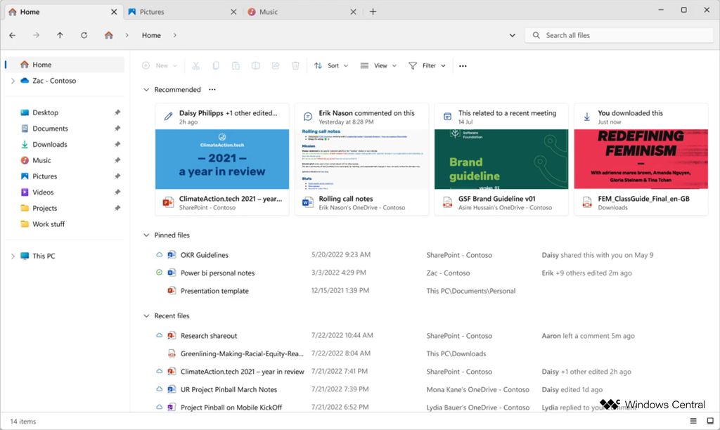 Giao diện Recommended trong File Explorer Home trên Windows 11