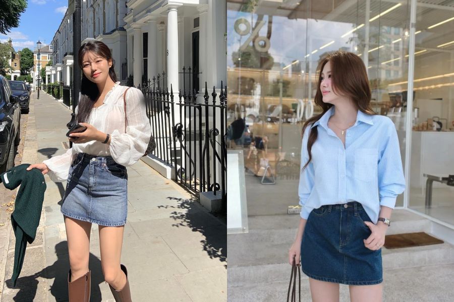 Chân váy jean kết hợp áo sơ mi