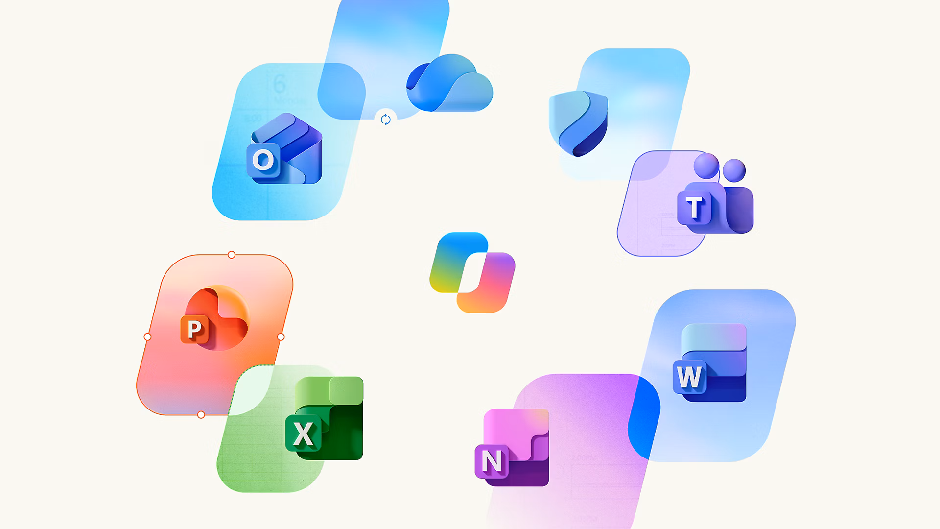 Bộ ứng dụng Microsoft 365 với Copilot, Word, Excel, PowerPoint, Outlook, OneNote, OneDrive, Defender, Teams, Designer và Clipchamp