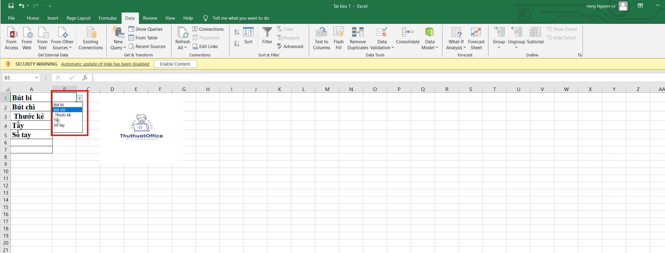 Data Validation nhập trực tiếp