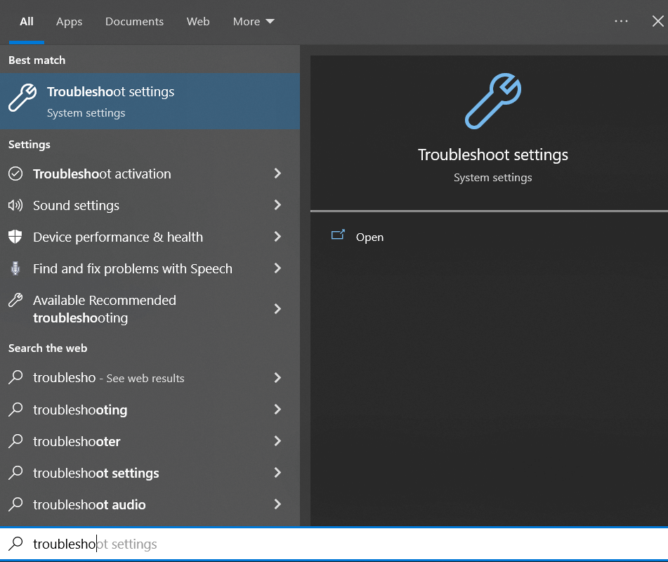 Truy cập cài đặt Troubleshoot