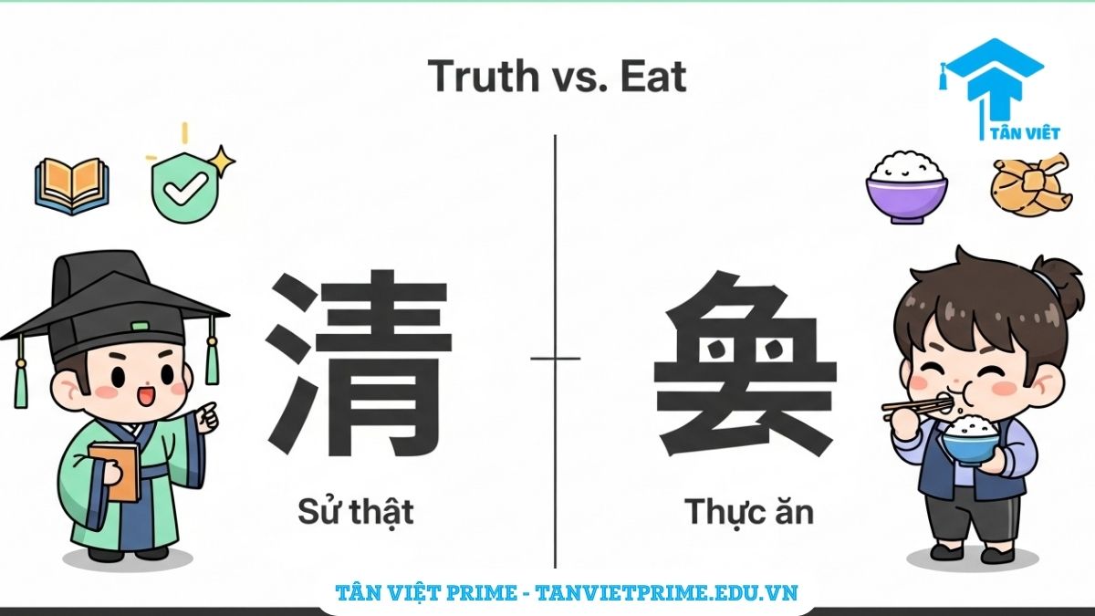 Infographic phân biệt chữ Hán Thực (/) nghĩa là "sự thật" và Thực (/) nghĩa là "thức ăn", với hình minh họa chibi dễ thương để giúp người học tránh nhầm lẫn.