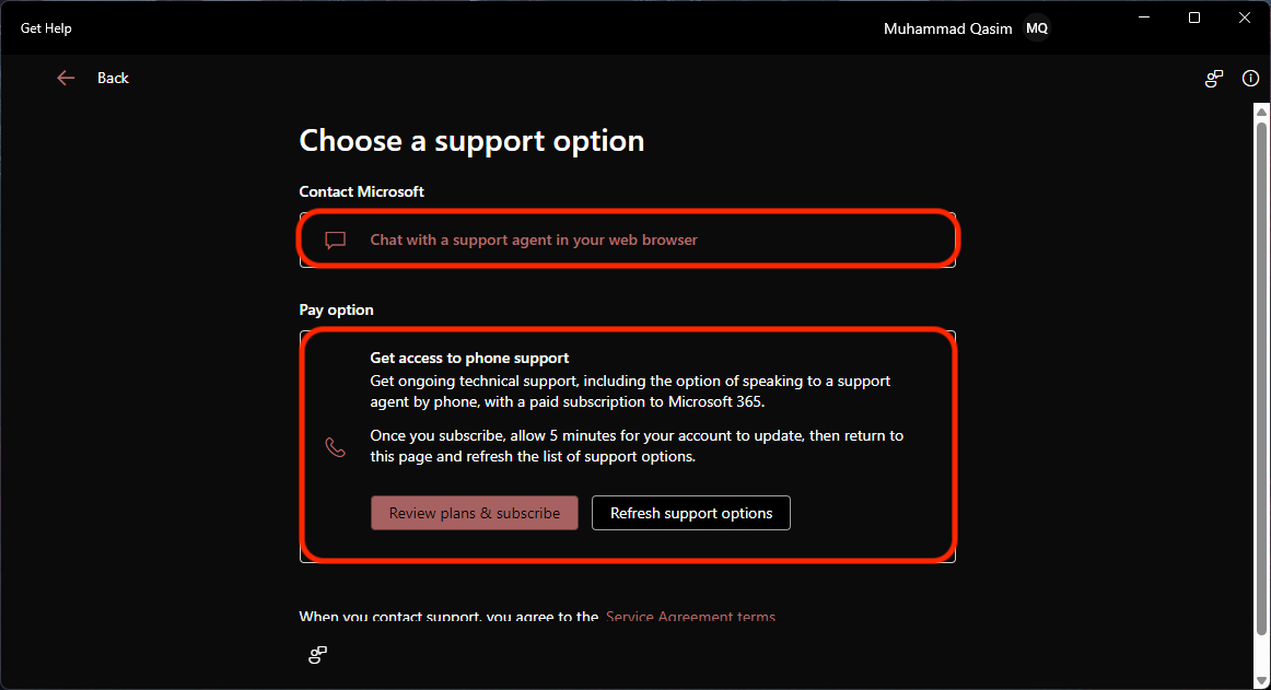 Tùy chọn liên hệ hỗ trợ Microsoft