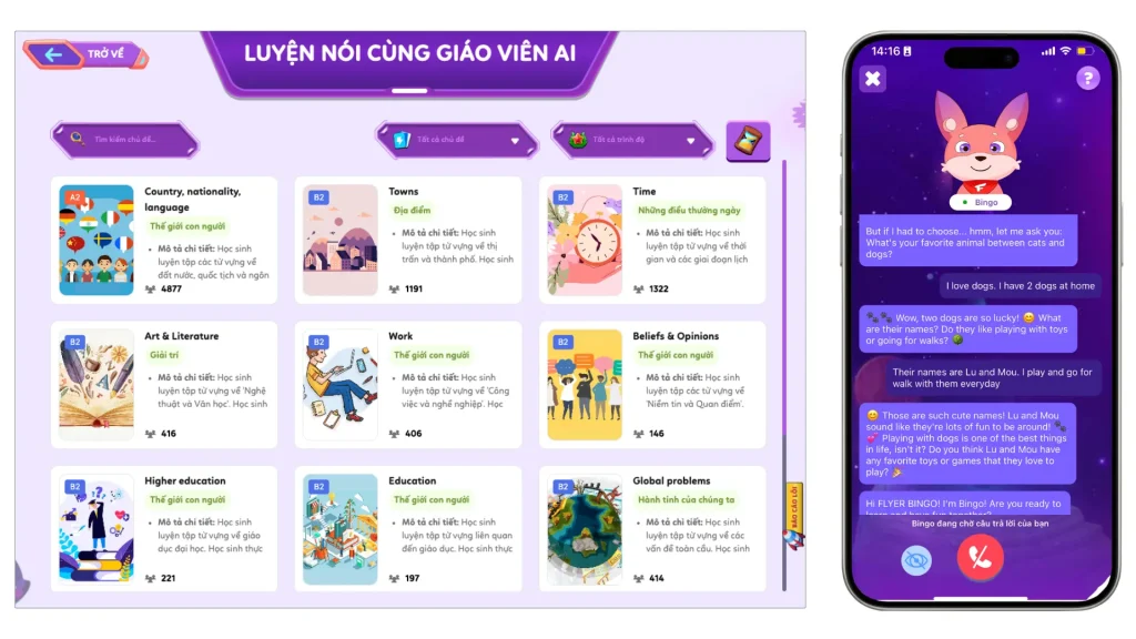 Luyện nói theo chủ đề cùng Bingo AI