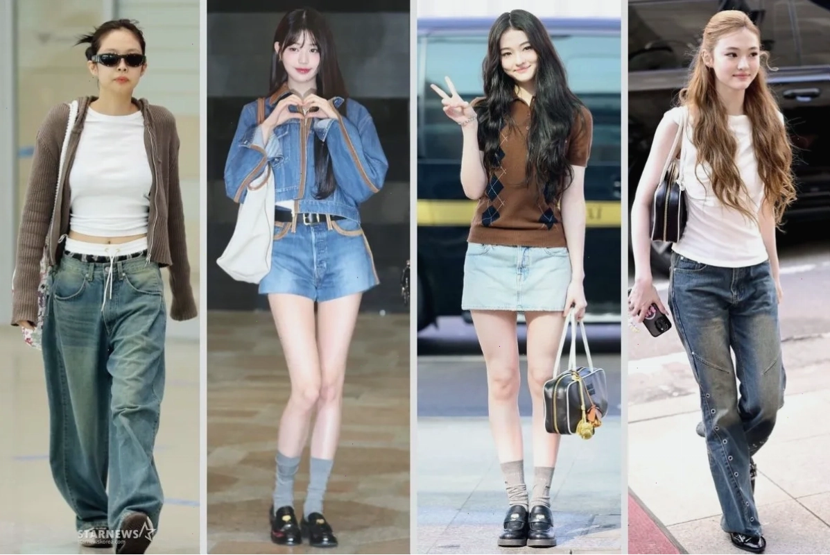Phối đồ đi học cho sinh viên nữ theo phong cách Y2K với áo croptop và quần jeans ống rộng