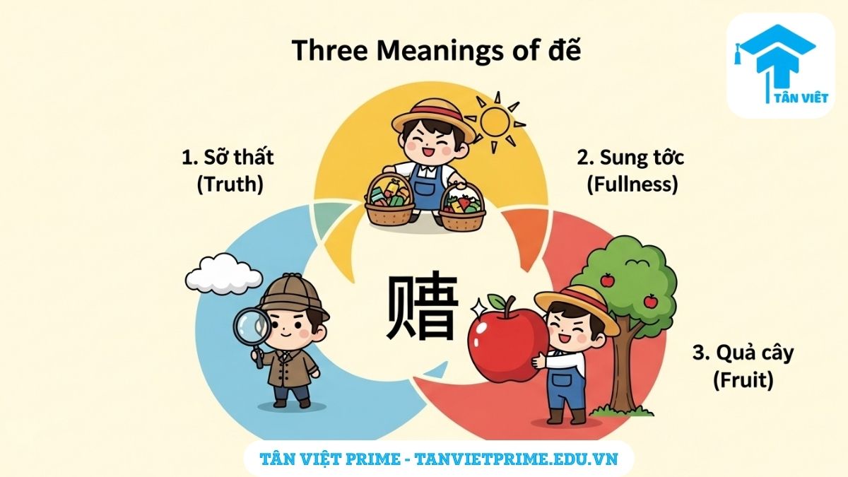 Hình ảnh minh họa 3 lớp nghĩa chính của chữ Thực (/), bao gồm "sự thật", "sung túc", và "quả cây", với các biểu tượng chibi đáng yêu tương ứng cho mỗi ý nghĩa