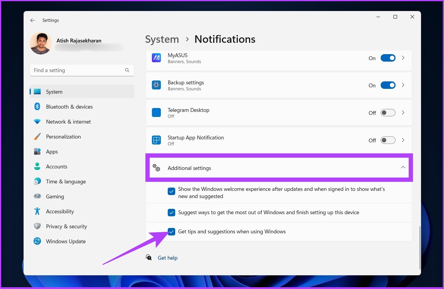 Nhấp vào Notifications để xem cảnh báo hệ thống