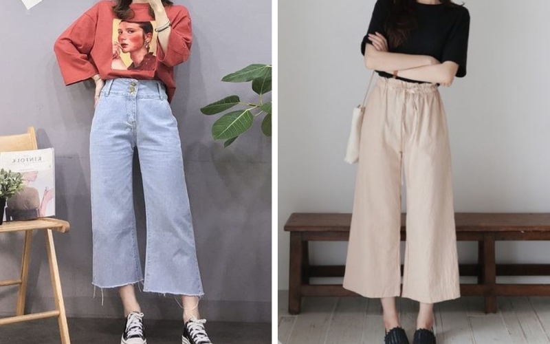 Quần ống rộng lửng phối cùng áo thun và túi tote