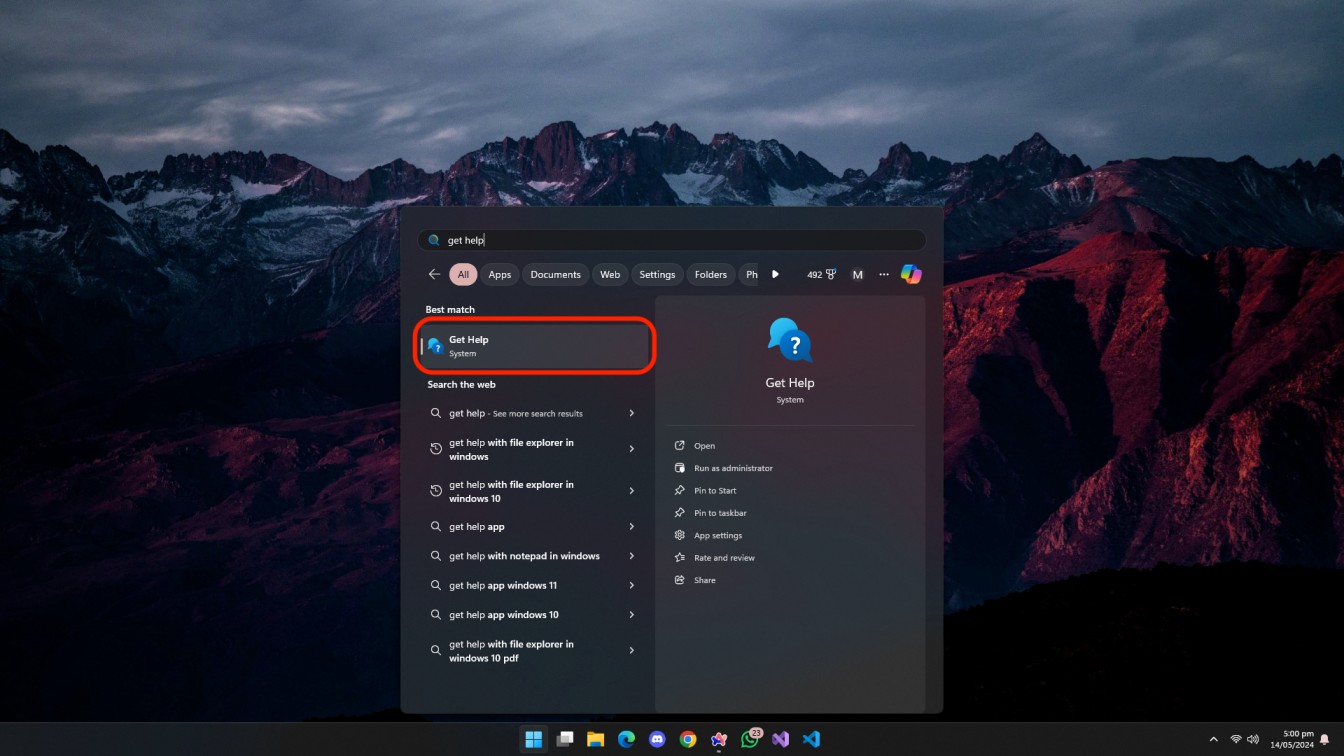 Mở ứng dụng Get Help trên Windows