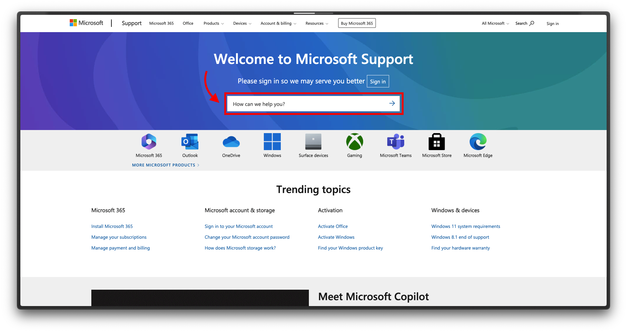 Trang hỗ trợ Microsoft Support