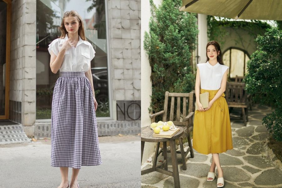 Chân váy midi mix áo kiểu nữ tính
