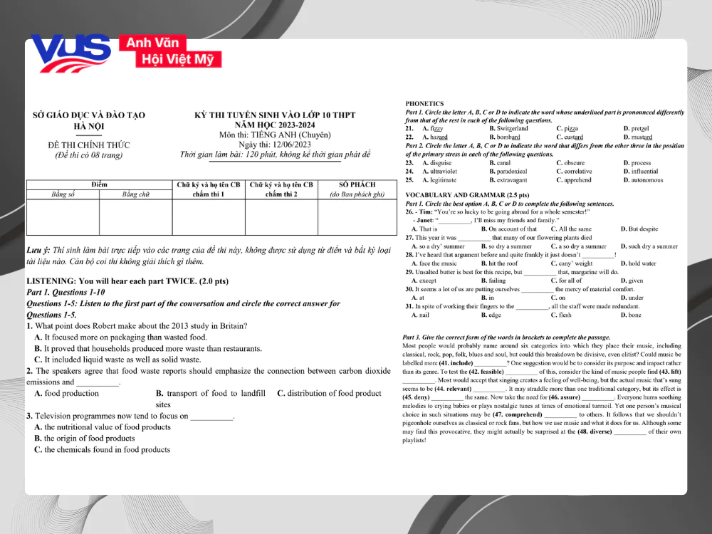 Hệ thống đề thi tiếng Anh vào 10 Hà Nội chính thức các năm dành cho học sinh chuyên Anh