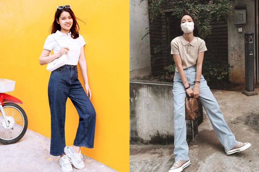 Áo polo mix quần jean baggy thanh lịch