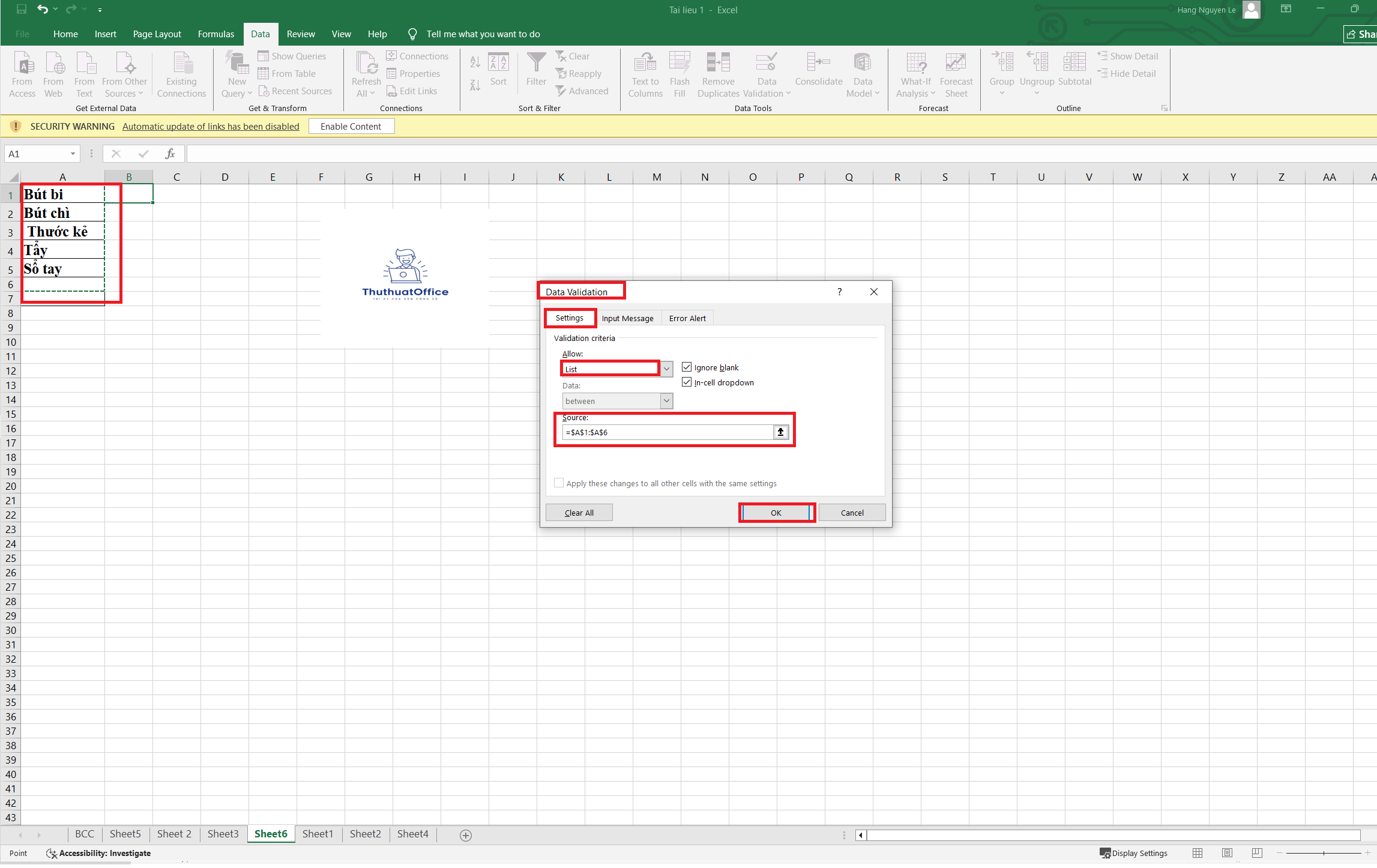 Thiết lập Data Validation