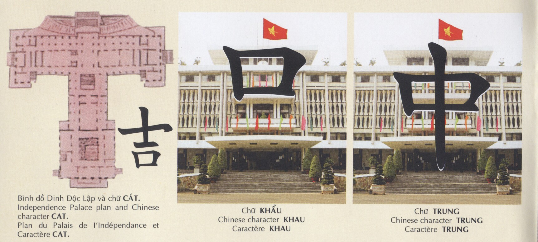 Dinh Độc Lập được thiết kế dựa trên các chữ Hán như Cát, Khẩu, Trung, Tam, Vương, Chủ, Hưng nhìn từ mặt bằng
