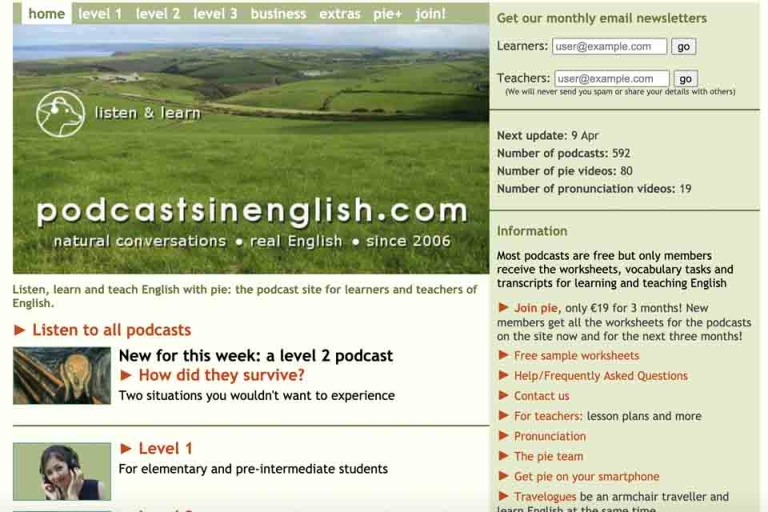 Giao diện website Podcastsinenglish.com