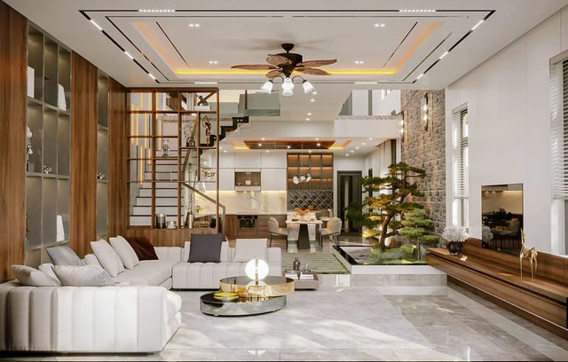 Hệ thống vách ốp gỗ tivi kết hợp ánh sáng ấm trong phòng khách nhà ống