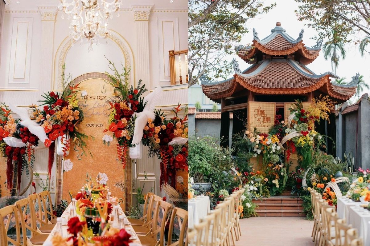 Backdrop được trang trí với hoa thiên điểu theo phong cách Indochine.