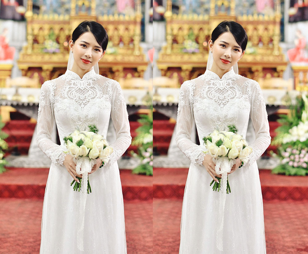 Áo dài cưới trắng phối ren