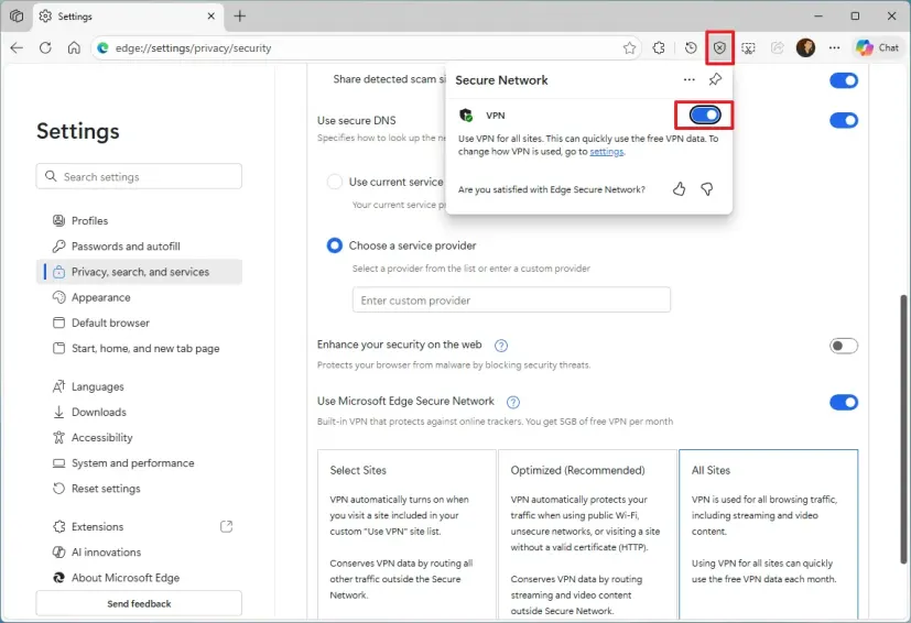 Microsoft Edge hiển thị tùy chọn bảo vệ mạng ngay trên trình duyệt
